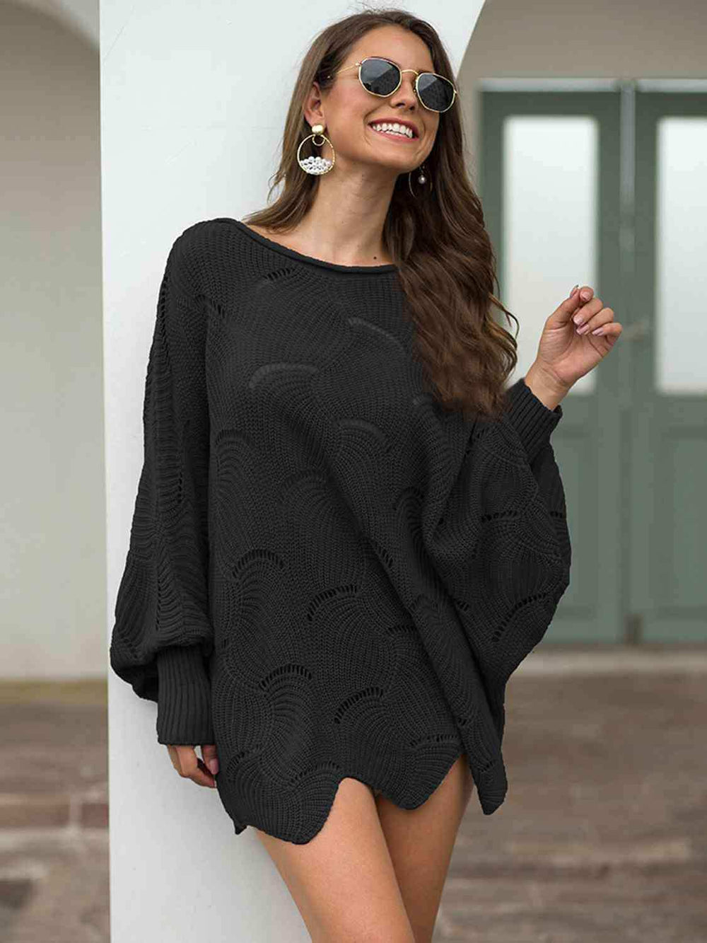 Full Size Boat Neck Lantern Sleeve Openwork Knit Top - Trendsi - Flyclothing LLC