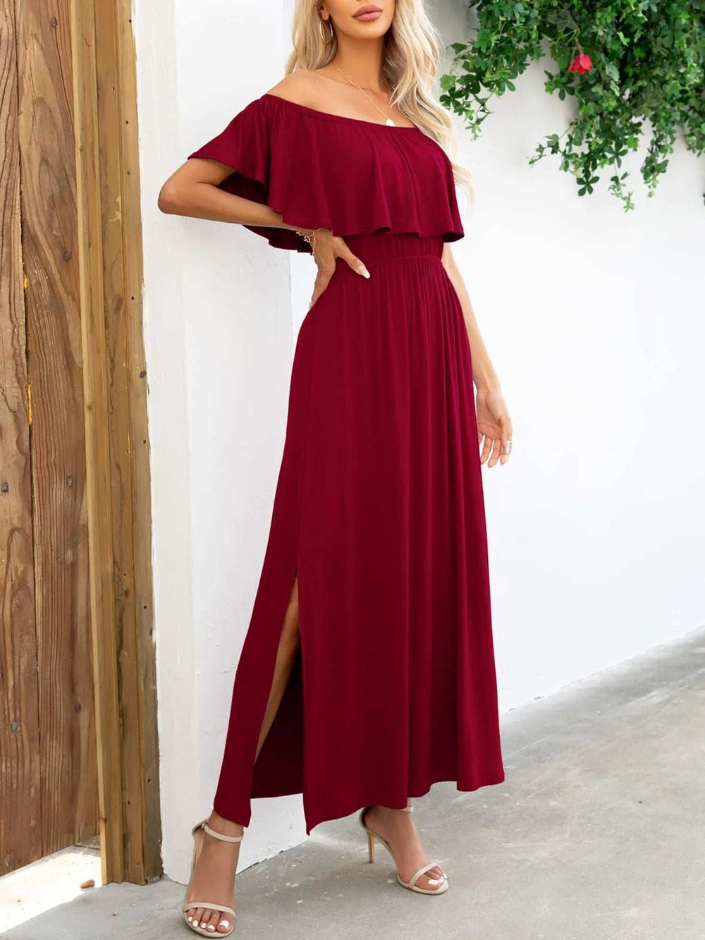 Off-Shoulder Slit Maxi Dress - Trendsi - Flyclothing LLC