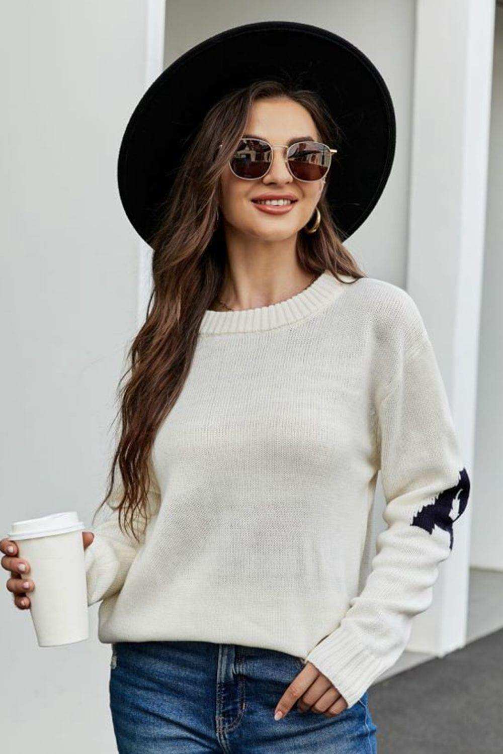 Round Neck Dropped Shoulder Sweater - Trendsi - Flyclothing LLC