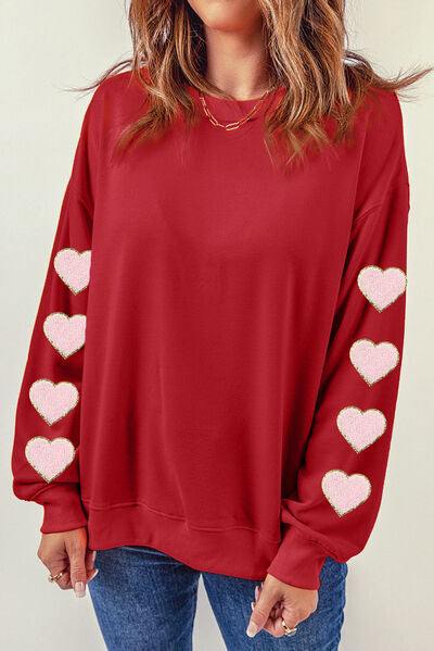 Heart Round Neck Dropped Shoulder Sweatshirt - Trendsi