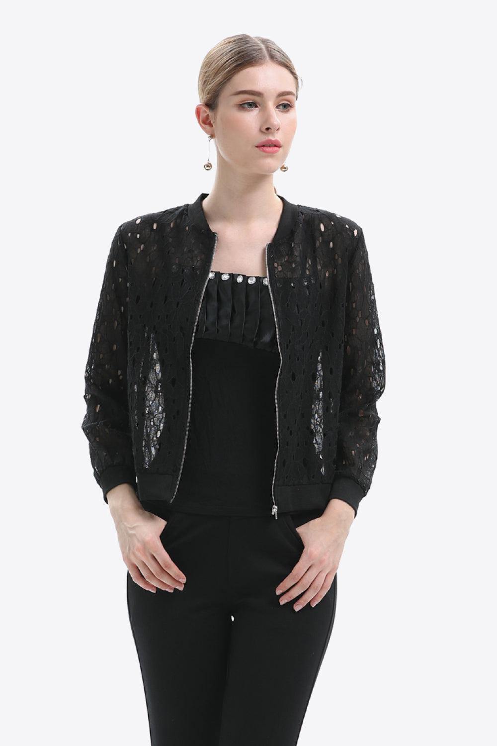 Openwork Zip Up Jacket - Trendsi