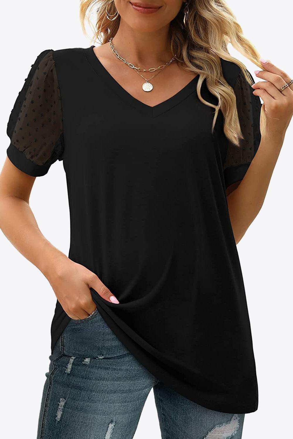 Swiss Dot Puff Sleeve V-Neck Tee - Trendsi - Flyclothing LLC