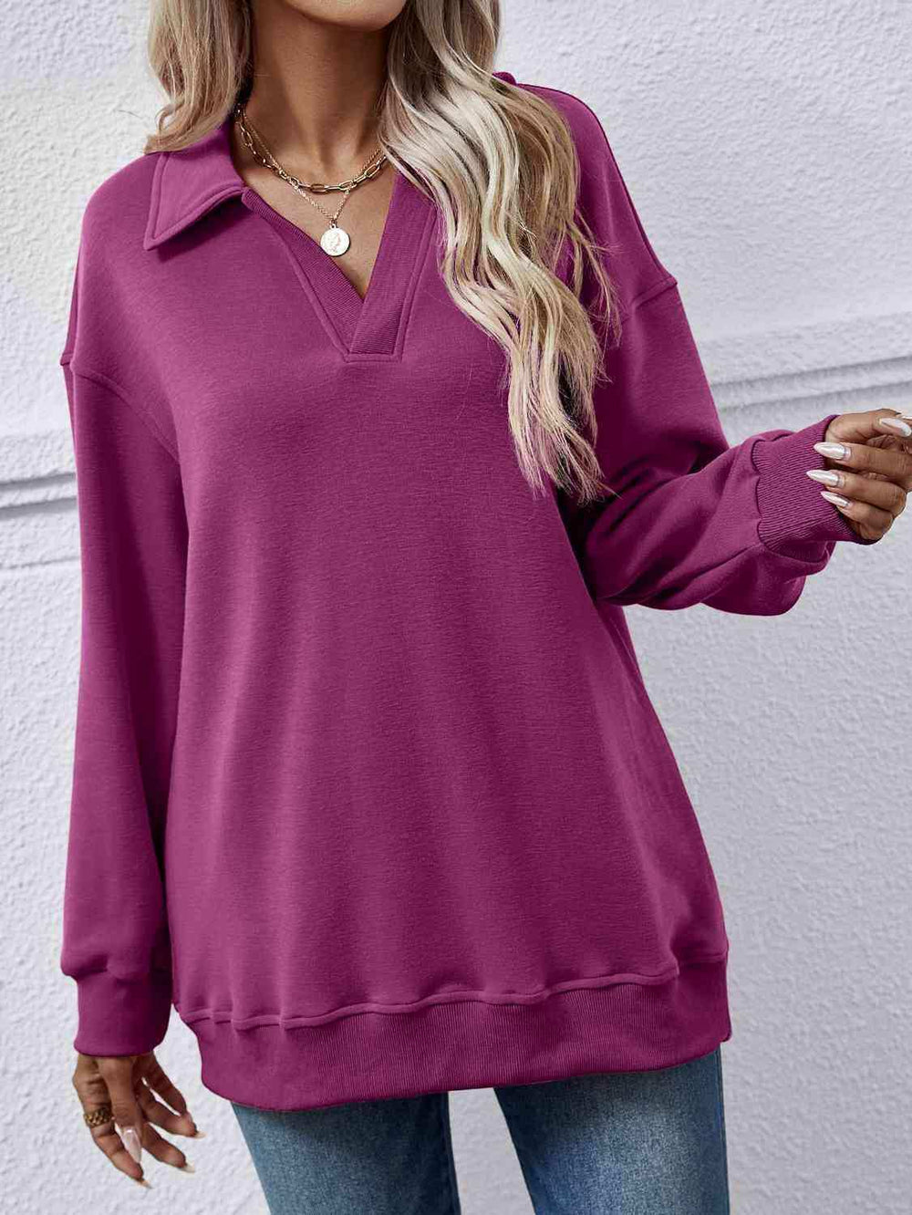 Collared Neck Dropped Shoulder Sweatshirt - Trendsi - Flyclothing LLC