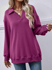 Collared Neck Dropped Shoulder Sweatshirt - Trendsi