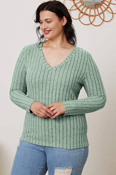 Basic Bae Full Size Ribbed V-Neck Long Sleeve T-Shirt - Trendsi - Flyclothing LLC