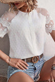 Swiss Dot Spliced Lace Round Neck Blouse - Trendsi
