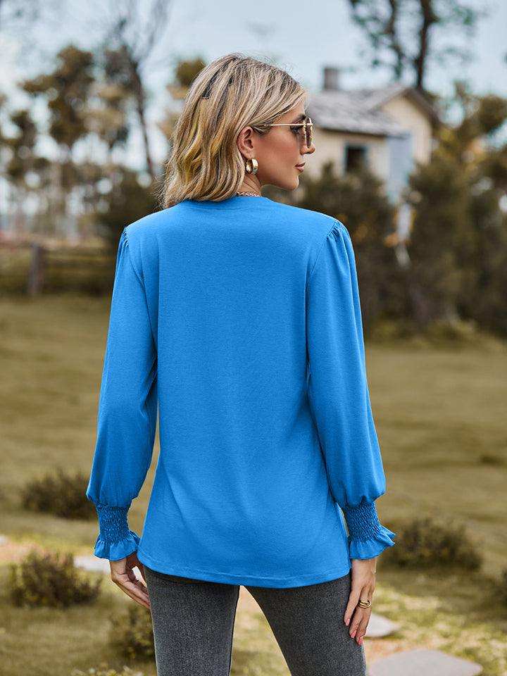 Notched Neck Flounce Sleeve Blouse - Trendsi - Flyclothing LLC