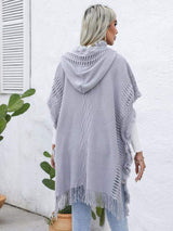 Fringe Trim Buttoned Hooded Poncho - Trendsi - Flyclothing LLC