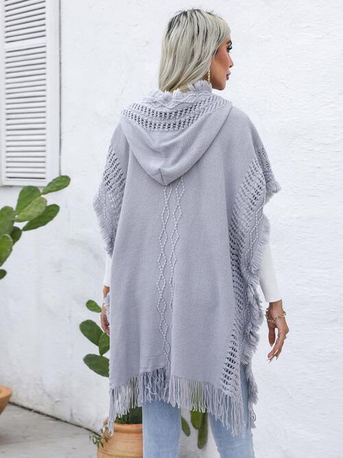 Fringe Trim Buttoned Hooded Poncho - Trendsi