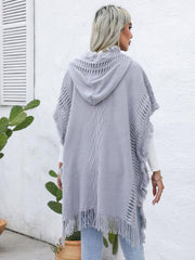 Fringe Trim Buttoned Hooded Poncho - Trendsi