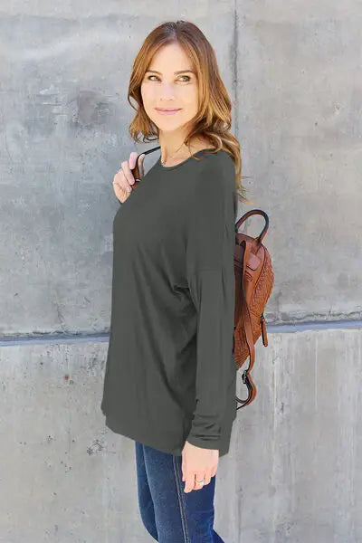 Basic Bae Full Size Round Neck Dropped Shoulder T-Shirt - Trendsi - Flyclothing LLC