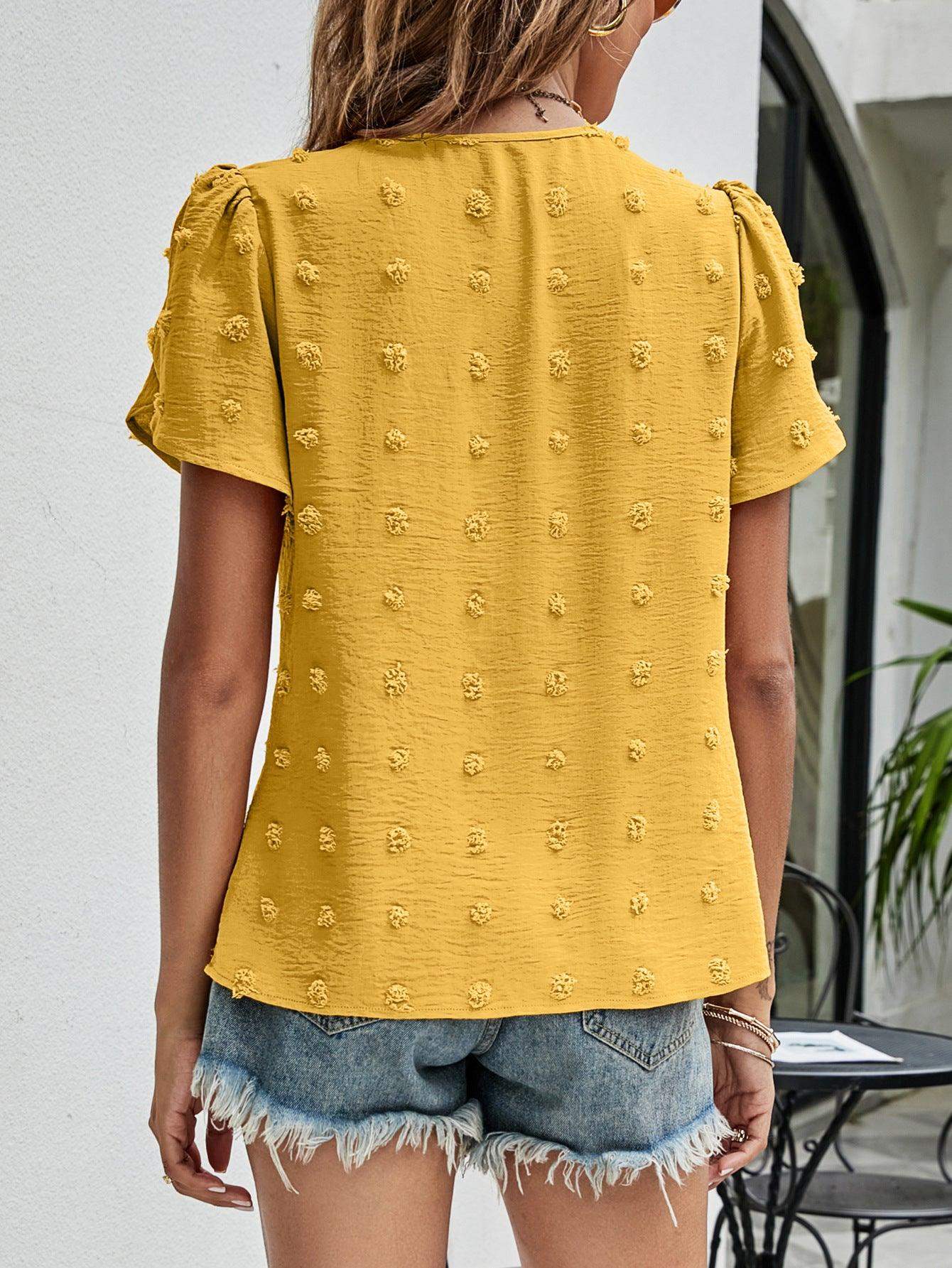 Swiss Dot Round Neck Petal Sleeve Top - Trendsi - Flyclothing LLC
