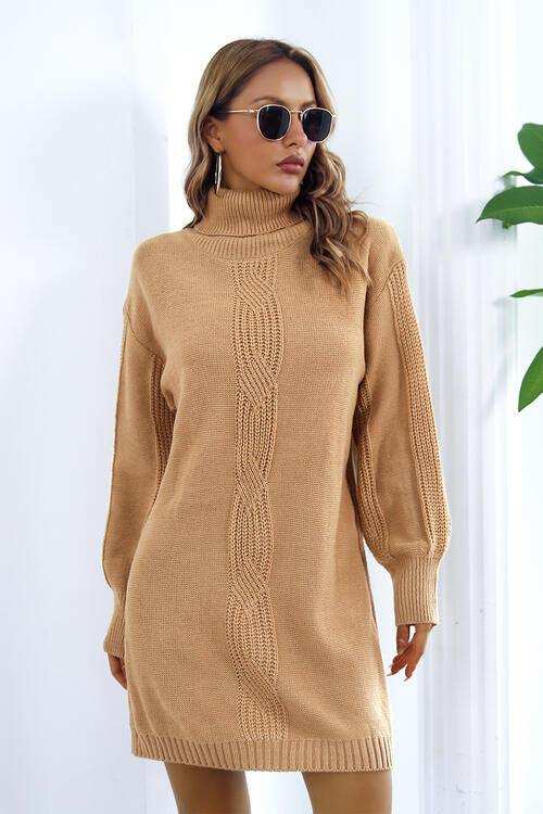 Openwork Turtleneck Long Sleeve Sweater Dress - Trendsi - Flyclothing LLC