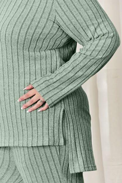Basic Bae Full Size Ribbed High-Low Top and Wide Leg Pants Set - Trendsi