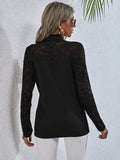 Tie Neck Spliced Lace Long Sleeve Top - Trendsi