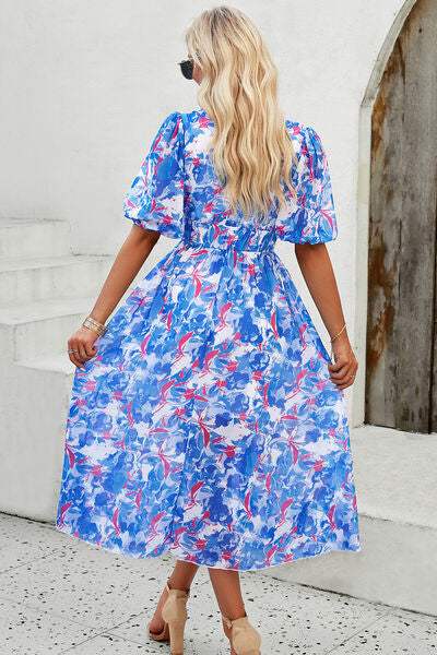 Smocked Printed V-Neck Short Sleeve Dress - Trendsi - Flyclothing LLC