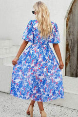 Smocked Printed V-Neck Short Sleeve Dress - Trendsi - Flyclothing LLC