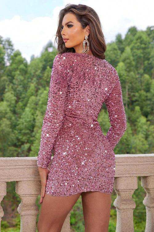 Sequin V-Neck Long Sleeve Mini Dress - Trendsi - Flyclothing LLC