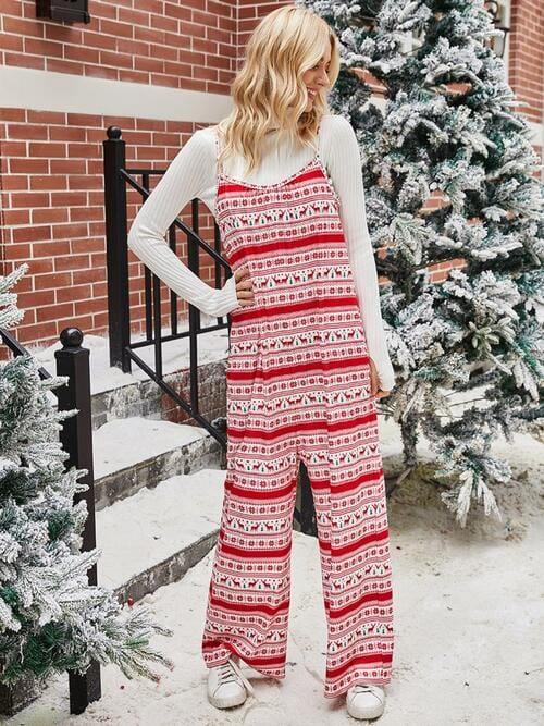 Christmas Color Contrast Wide-Legged Jumpsuit - Trendsi