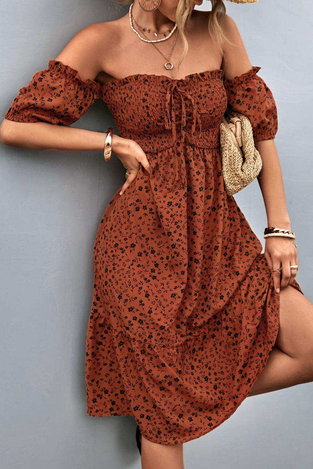 Ditsy Floral Smocked Frill Trim Off-Shoulder Dress - Trendsi - Flyclothing LLC
