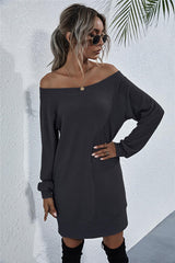 Waffle-Knit Boat Neck Mini Dress - Flyclothing LLC