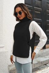 Ribbed Mock Neck Sleeveless Sweater Vest - Trendsi - Flyclothing LLC