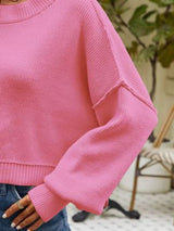 Round Neck Dropped Shoulder Sweater - Trendsi - Flyclothing LLC