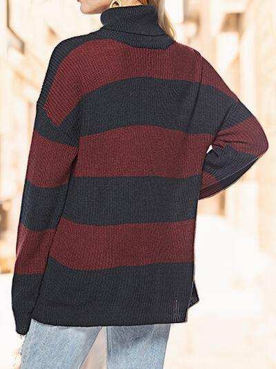 Striped Turtleneck Long Sleeve Sweater - Trendsi - Flyclothing LLC