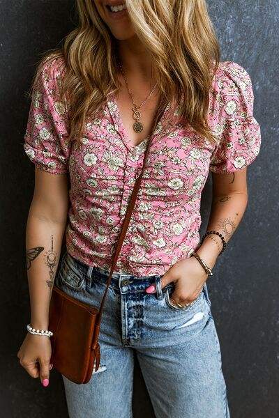 Ruched Printed Puff Sleeve Blouse - Trendsi - Flyclothing LLC