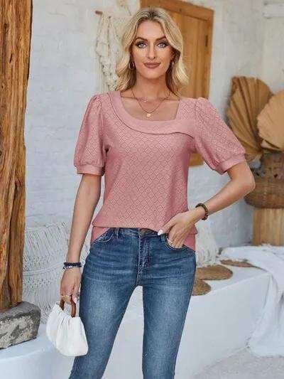 Eyelet Asymmetrical Neck Short Sleeve T-Shirt - Trendsi - Flyclothing LLC