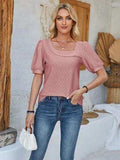Eyelet Asymmetrical Neck Short Sleeve T-Shirt - Trendsi - Flyclothing LLC