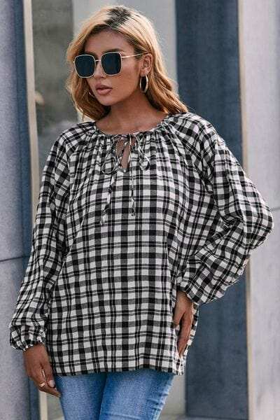 Plaid Tie Neck Balloon Sleeve Blouse - Trendsi - Flyclothing LLC