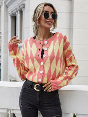 Argyle Button Front Drop Shoulder Cardigan - Trendsi