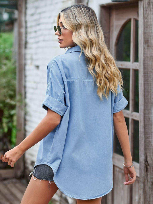 Collared Neck Denim Jacket with Pockets - Trendsi - Flyclothing LLC