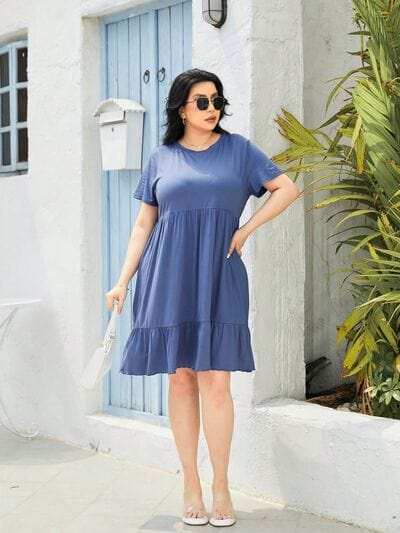 Plus Size Round Neck Short Sleeve Dress - Trendsi - Flyclothing LLC
