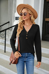 Cable-Knit Long Sleeve V-Neck T-Shirt - Trendsi