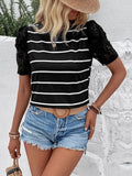 Striped Lace Detail Short Sleeve T-Shirt - Trendsi