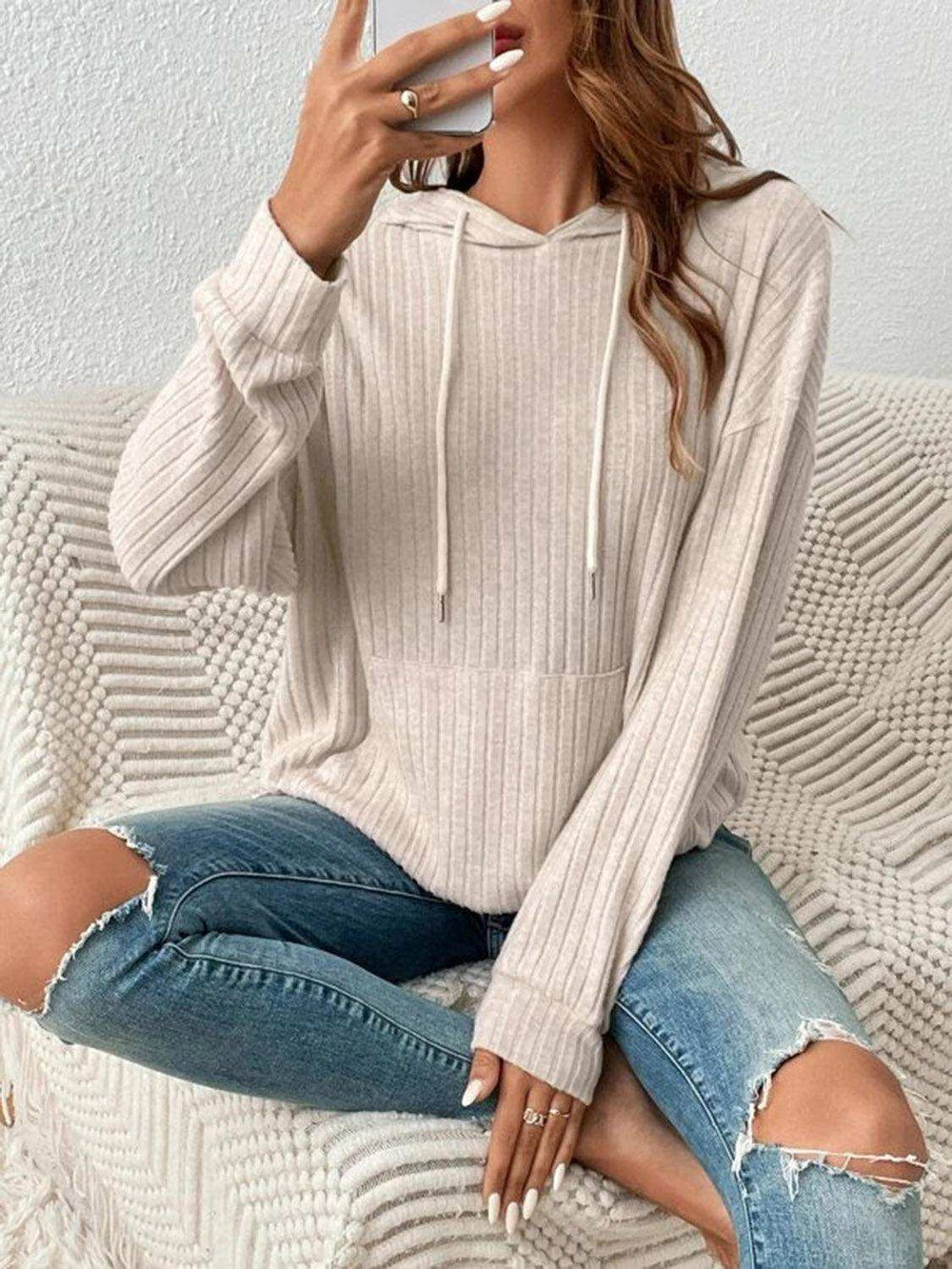 Ribbed Dropped Shoulder Drawstring Hoodie - Trendsi - Flyclothing LLC