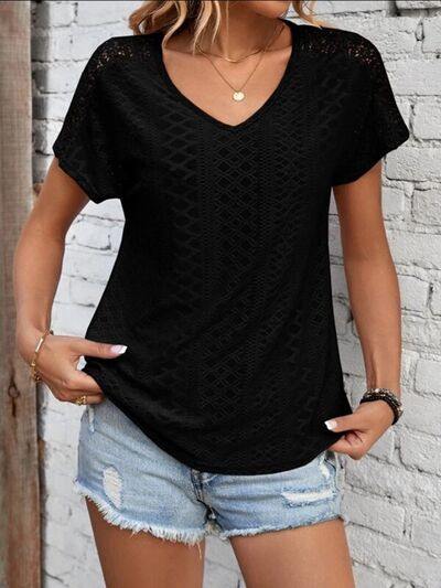 Eyelet V-Neck Short Sleeve T-Shirt - Trendsi