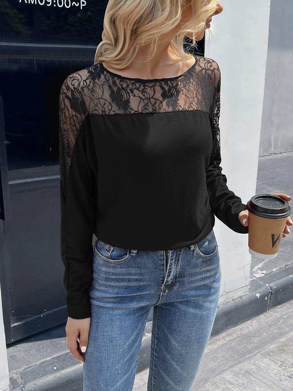 Lace Long Sleeve Round Neck Tee - Trendsi - Flyclothing LLC