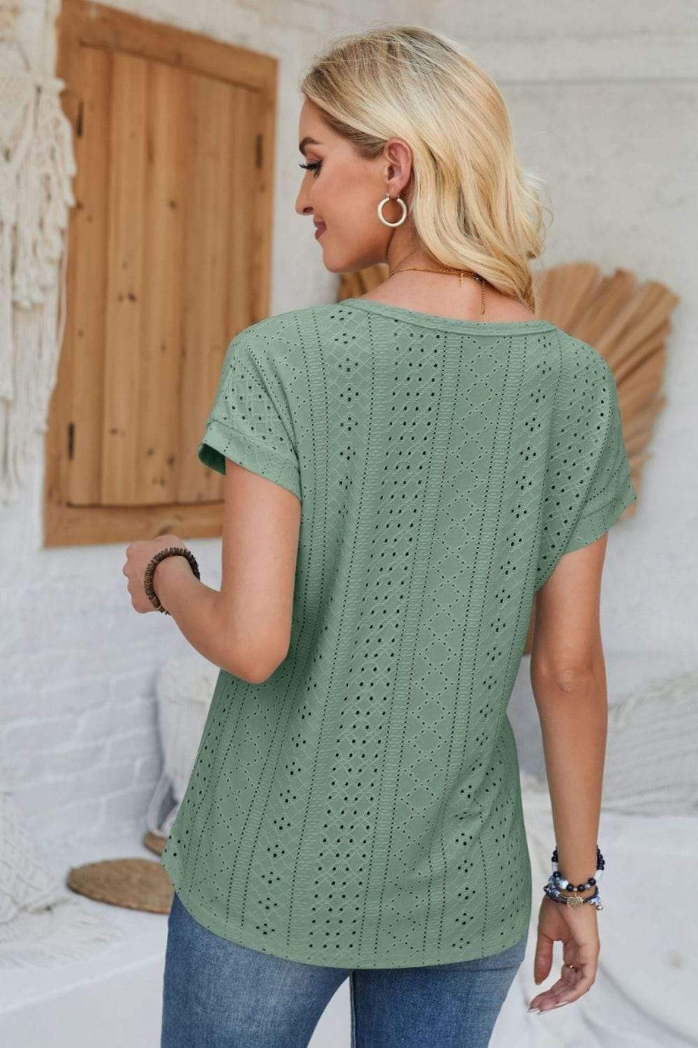 Eyelet Round Neck Rolled Short Sleeve T-Shirt - Trendsi - Flyclothing LLC