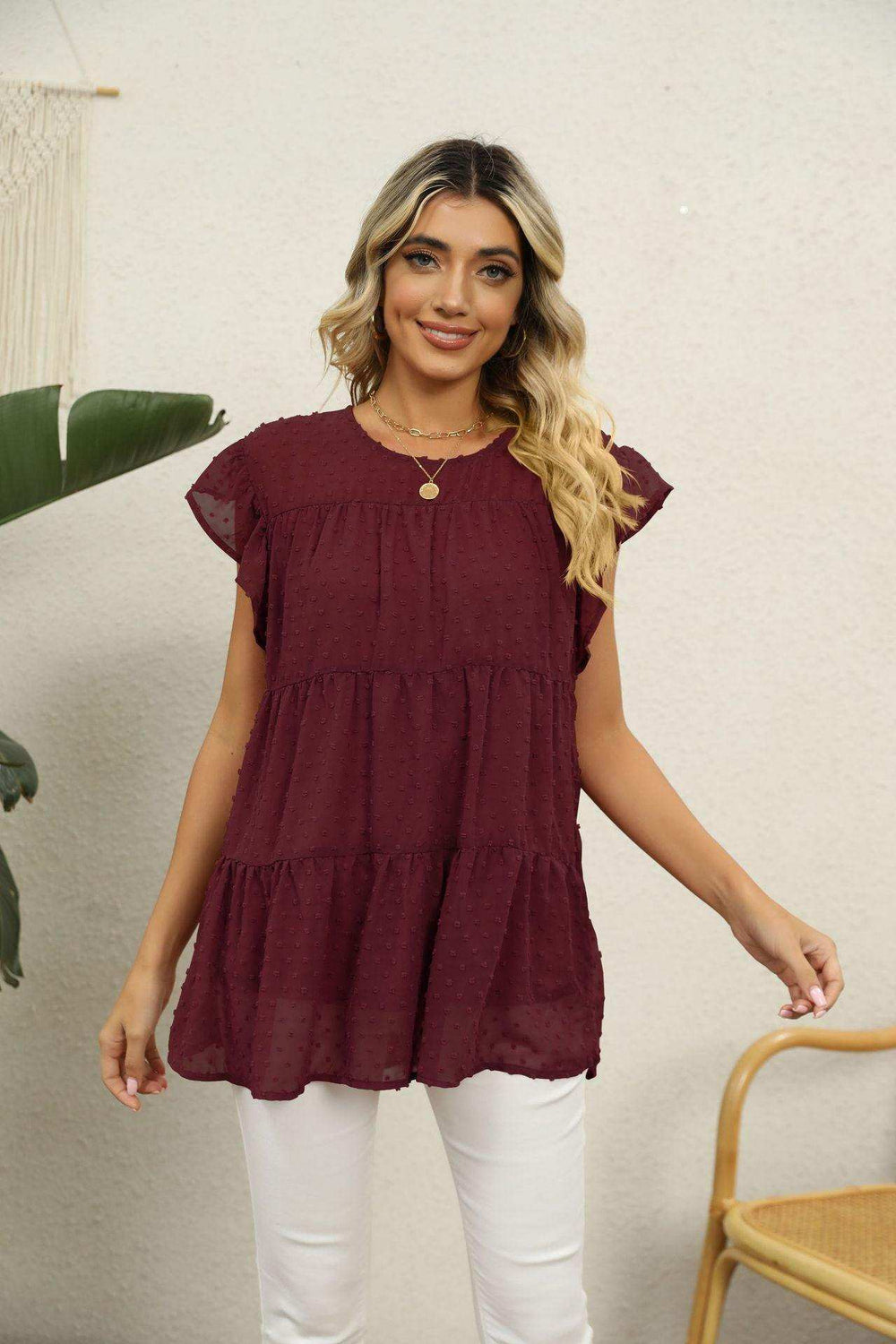 Swiss Dot Round Neck Tiered Blouse - Trendsi - Flyclothing LLC