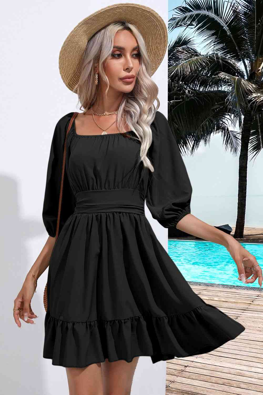 Square Neck Tie Back Ruffle Hem Dress - Flyclothing LLC