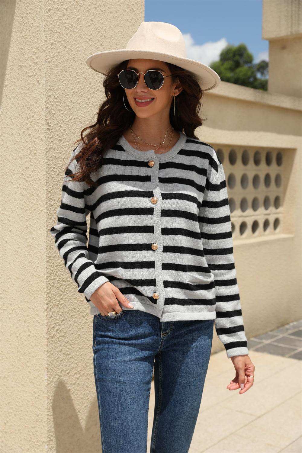 Striped Round Neck Button-Down Dropped Shoulder Cardigan - Trendsi - Flyclothing LLC