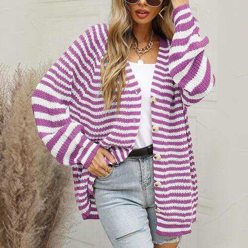 Striped Button Down Long Sleeve Cardigan - Trendsi - Flyclothing LLC