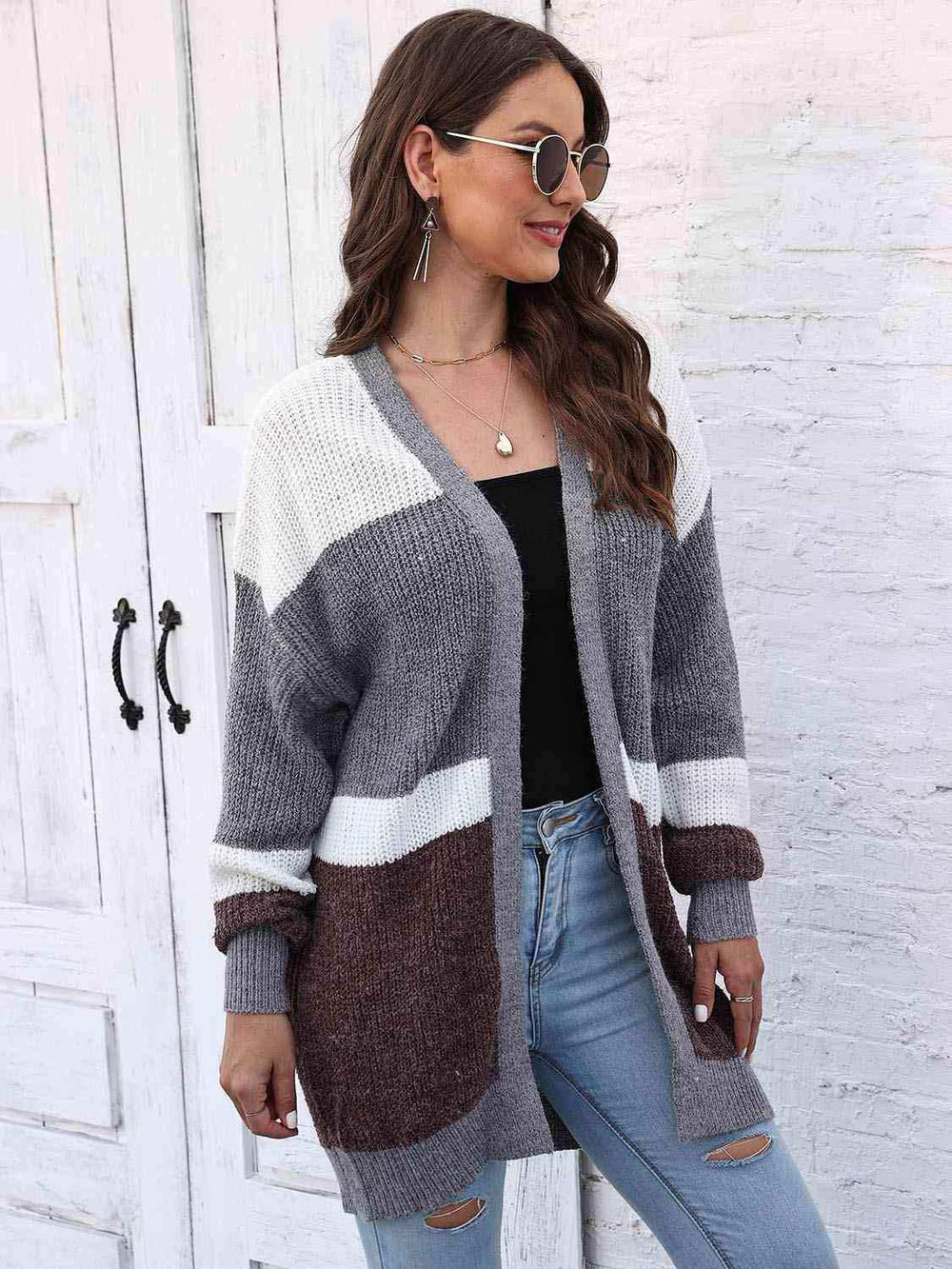 Color Block Open Front Cardigan - Trendsi - Flyclothing LLC