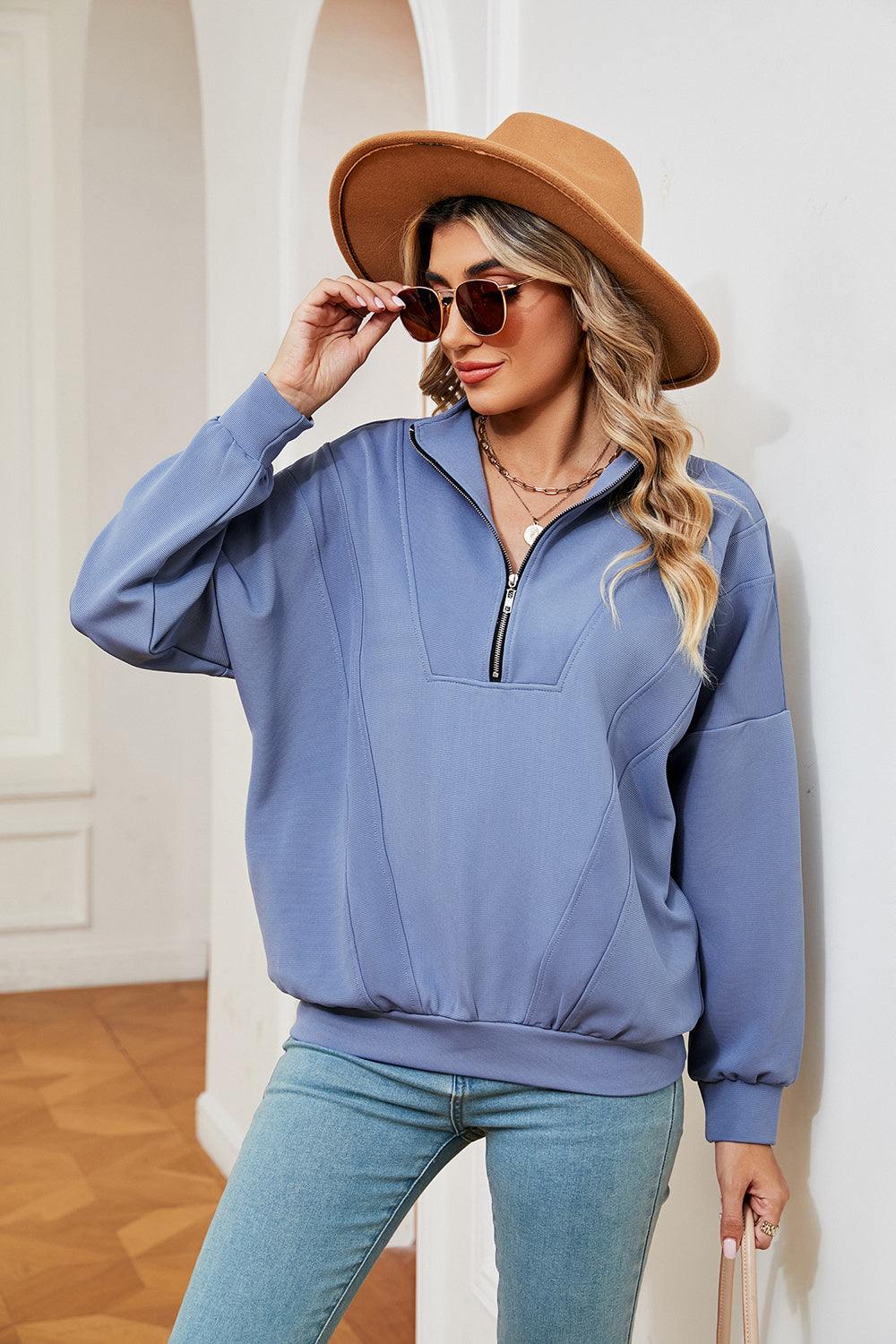 Half-Zip Dropped Shoulder Sweatshirt - Trendsi