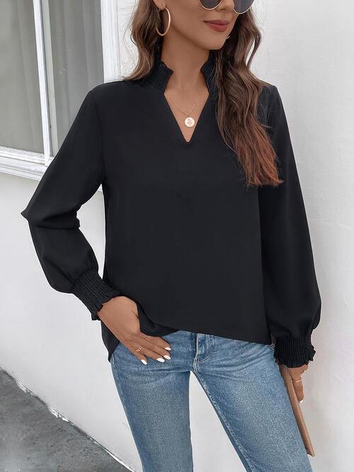 Smocked Notched Long Sleeve Blouse - Trendsi