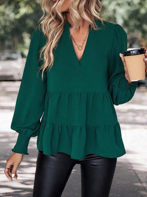 Notched Neck Lantern Sleeve Blouse - Trendsi