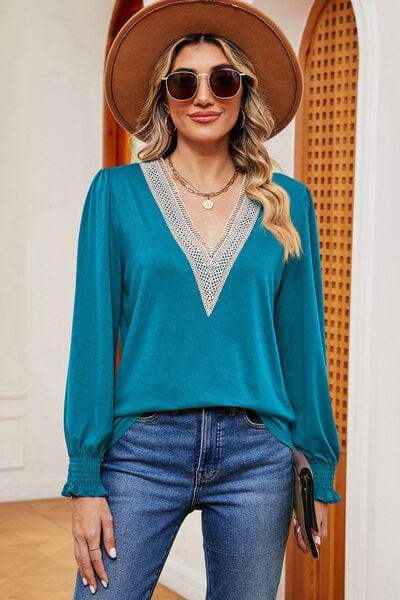Lace Detail V-Neck Lantern Sleeve T-Shirt - Trendsi - Flyclothing LLC